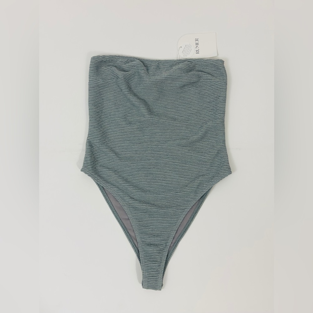 RUMER - Rosa Seafoam Green Ribbed Bandeau Ultra High Legline Swimsuit La…